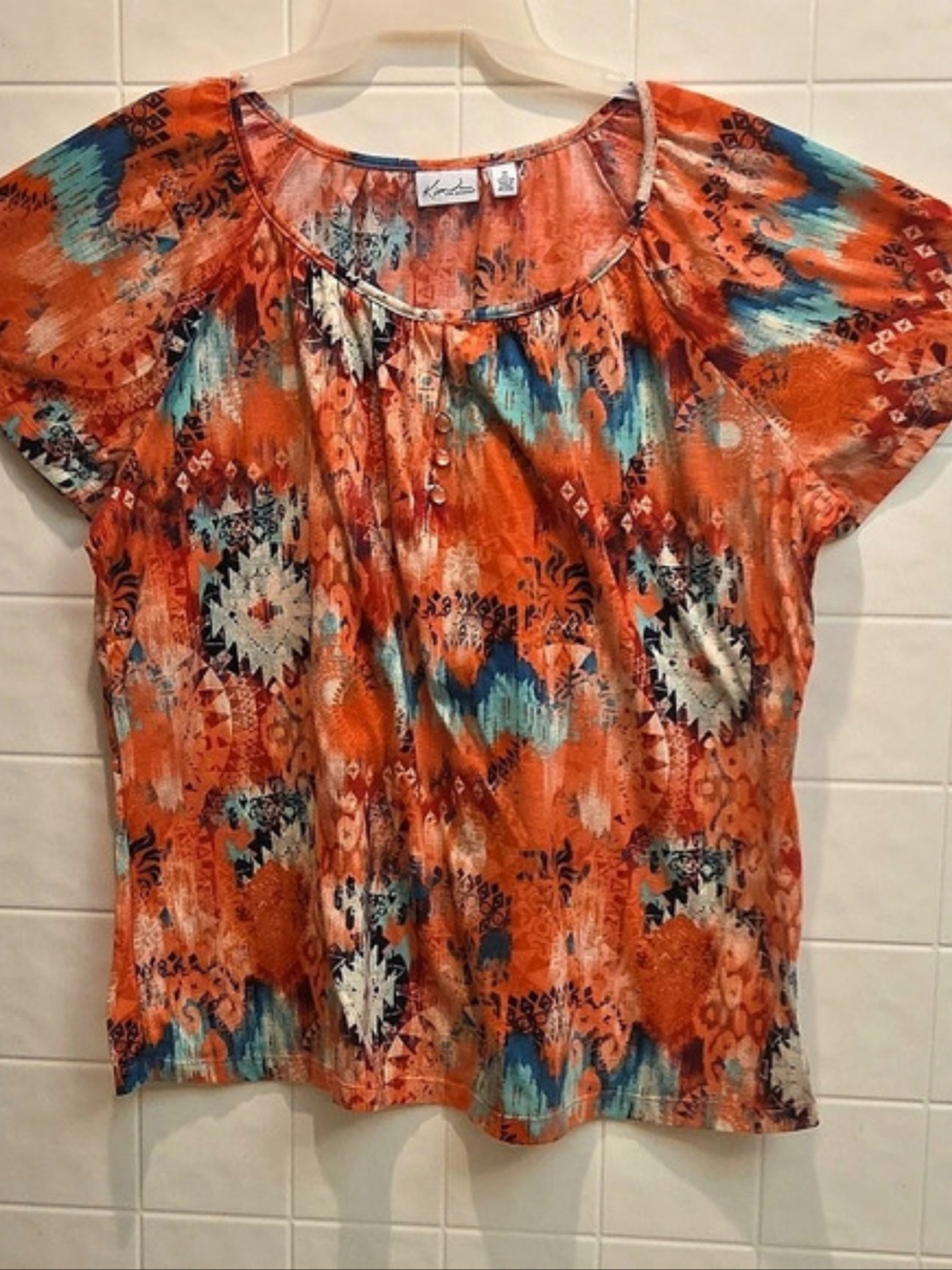 Kim Rogers Geometric Short Sleeve Blouse Orange Blue Size 1X